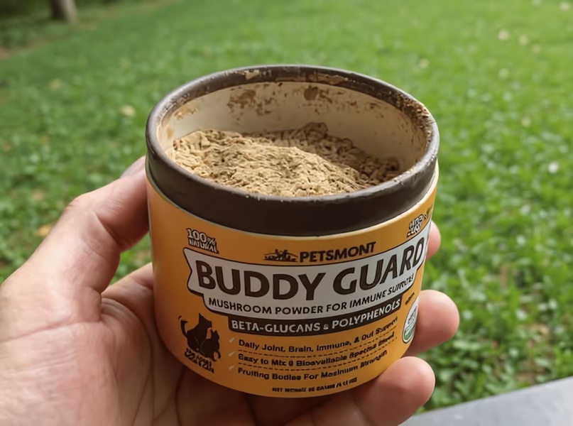 A close-up, first-person view of a pet mushroom supplement container held against a natural outdoor background.